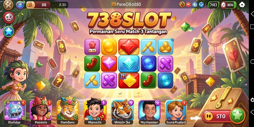 Tangkapan layar 738SLOT menampilkan gameplay Match-3 yang energik dan penuh warna.