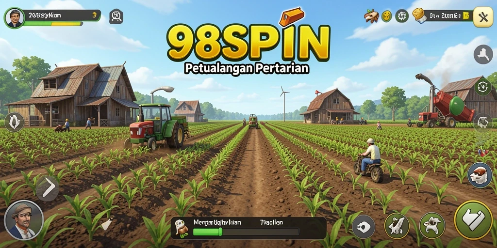 Tampilan layar permainan 98SPIN yang menggambarkan keseruan bercocok tanam.