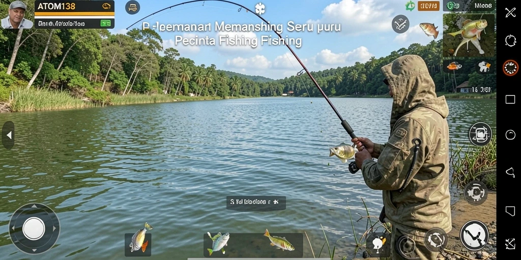 Tampilan layar gameplay ATOM138 menampilkan suasana memancing yang mendebarkan.