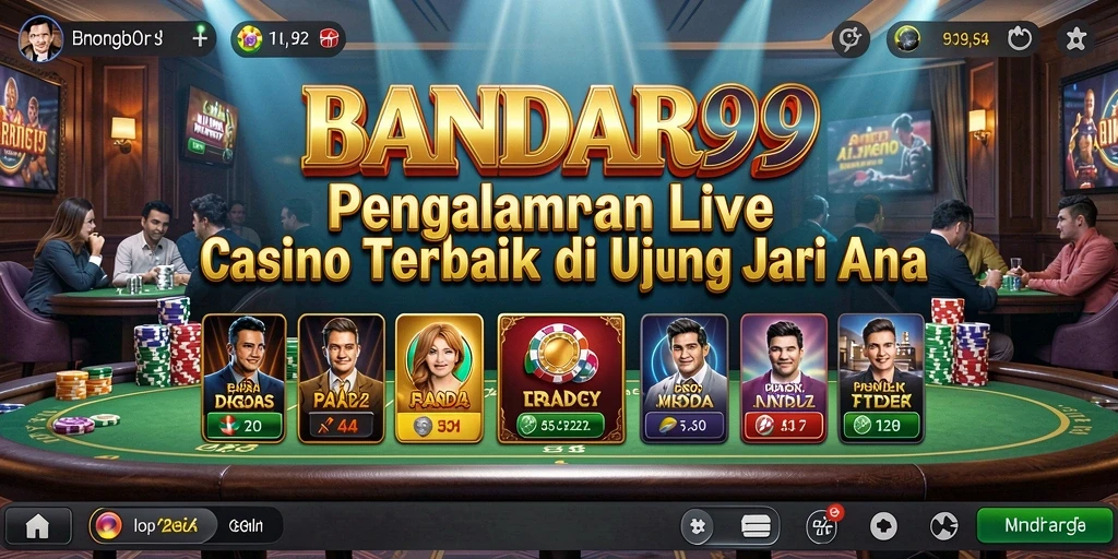 Screenshot utama BANDAR99 menampilkan suasana gameplay Live Casino yang mendebarkan.