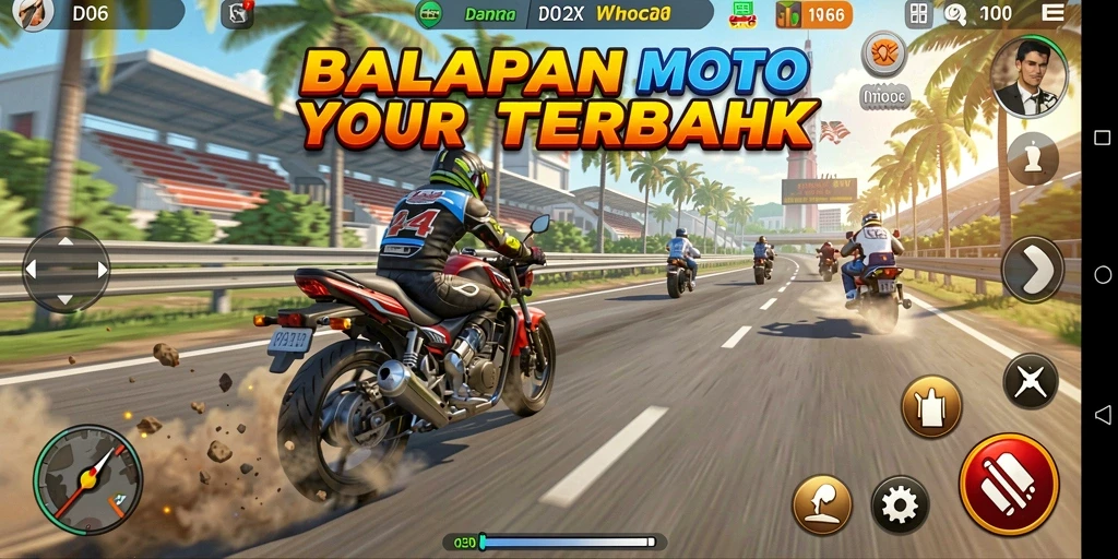 Screenshot D06 menampilkan balapan motor yang penuh adrenalin.