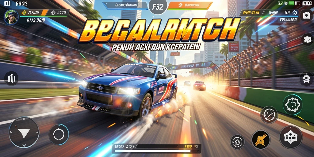 Screenshot utama F32 menampilkan balapan seru di trek urban.