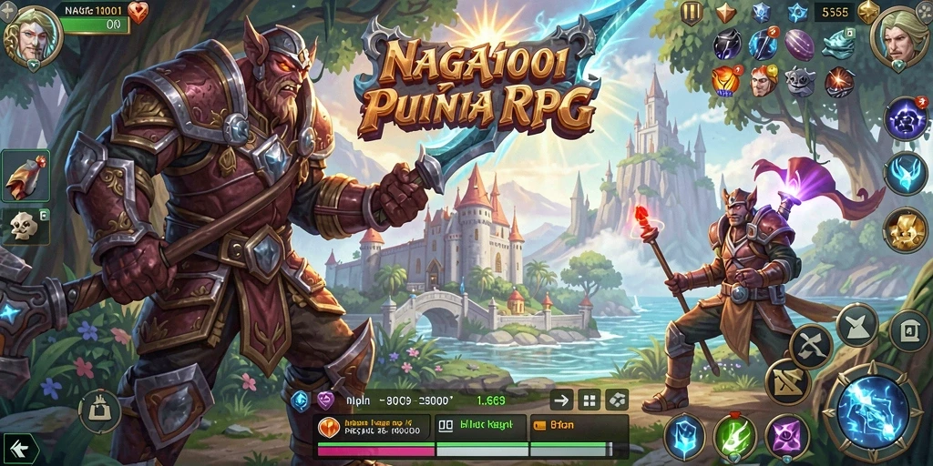 Tangkapan layar permainan NAGA1001 menampilkan pertarungan seru di dunia fantasi.