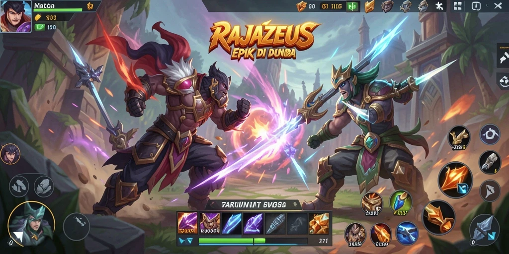 Tangkapan layar utama RAJAZEUS menampilkan aksi seru dalam permainan MOBA.