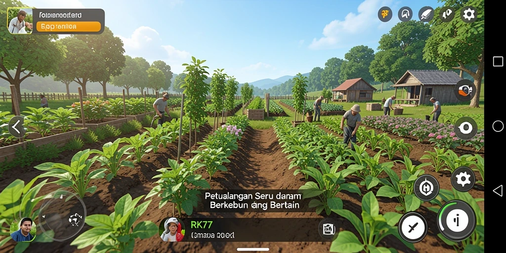 Tampilan gameplay RK77 yang menampilkan ladang subur dan hewan peliharaan.