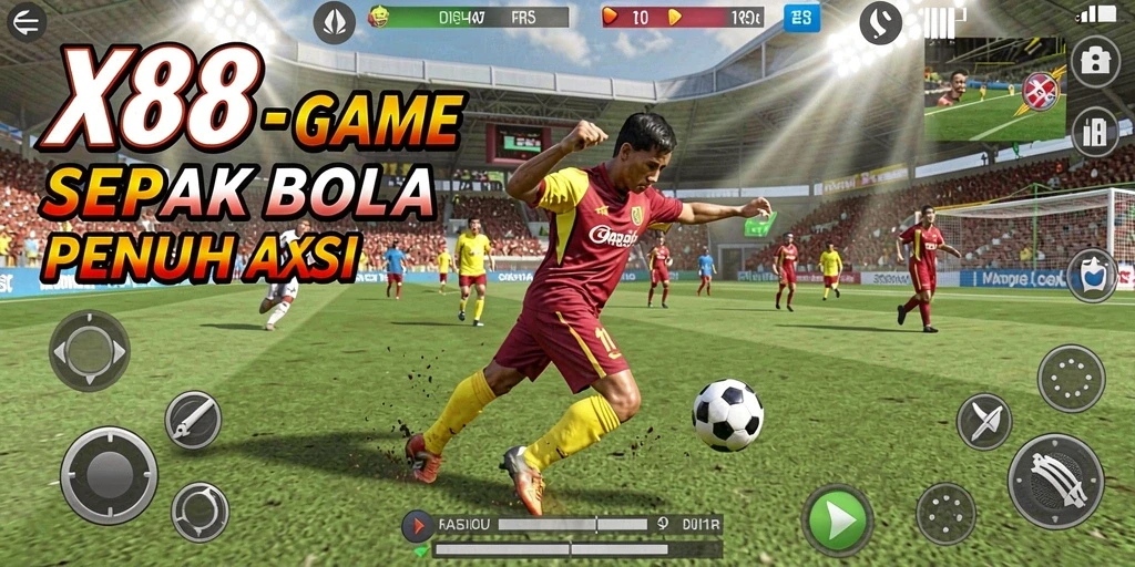 Screenshot gameplay X88 menampilkan aksi sepak bola yang mendebarkan.